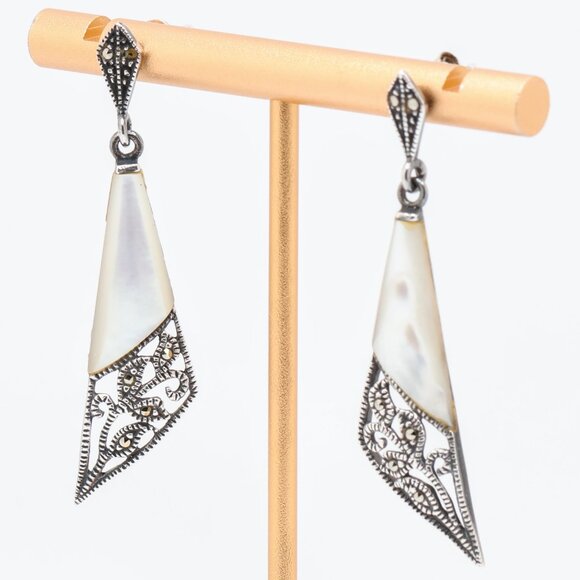 Vintage Sterling Silver MOP Marcasite Dangle Stud Earrings - Picture 1 of 7